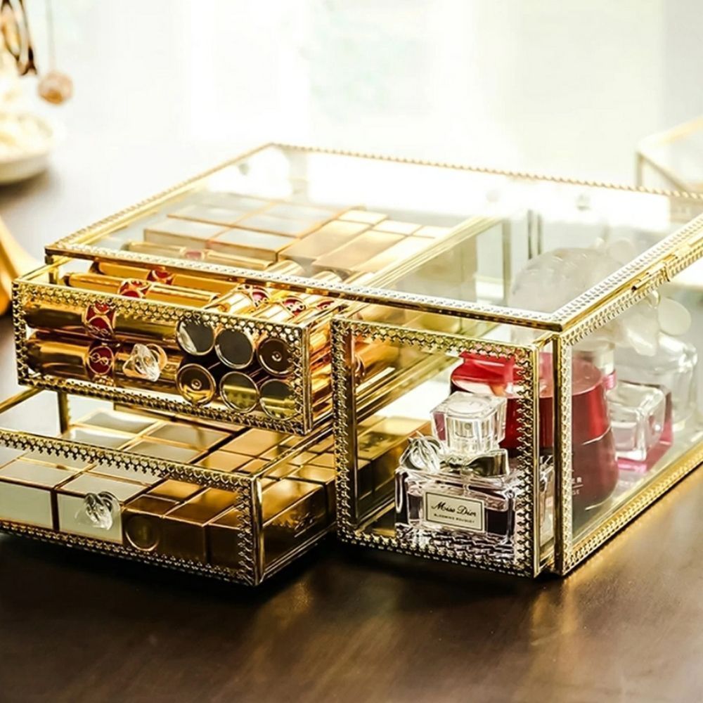 Everly Quinn Gold Makeup Organizer - 5.5'' H x 10.25'' W x 7.75'' D